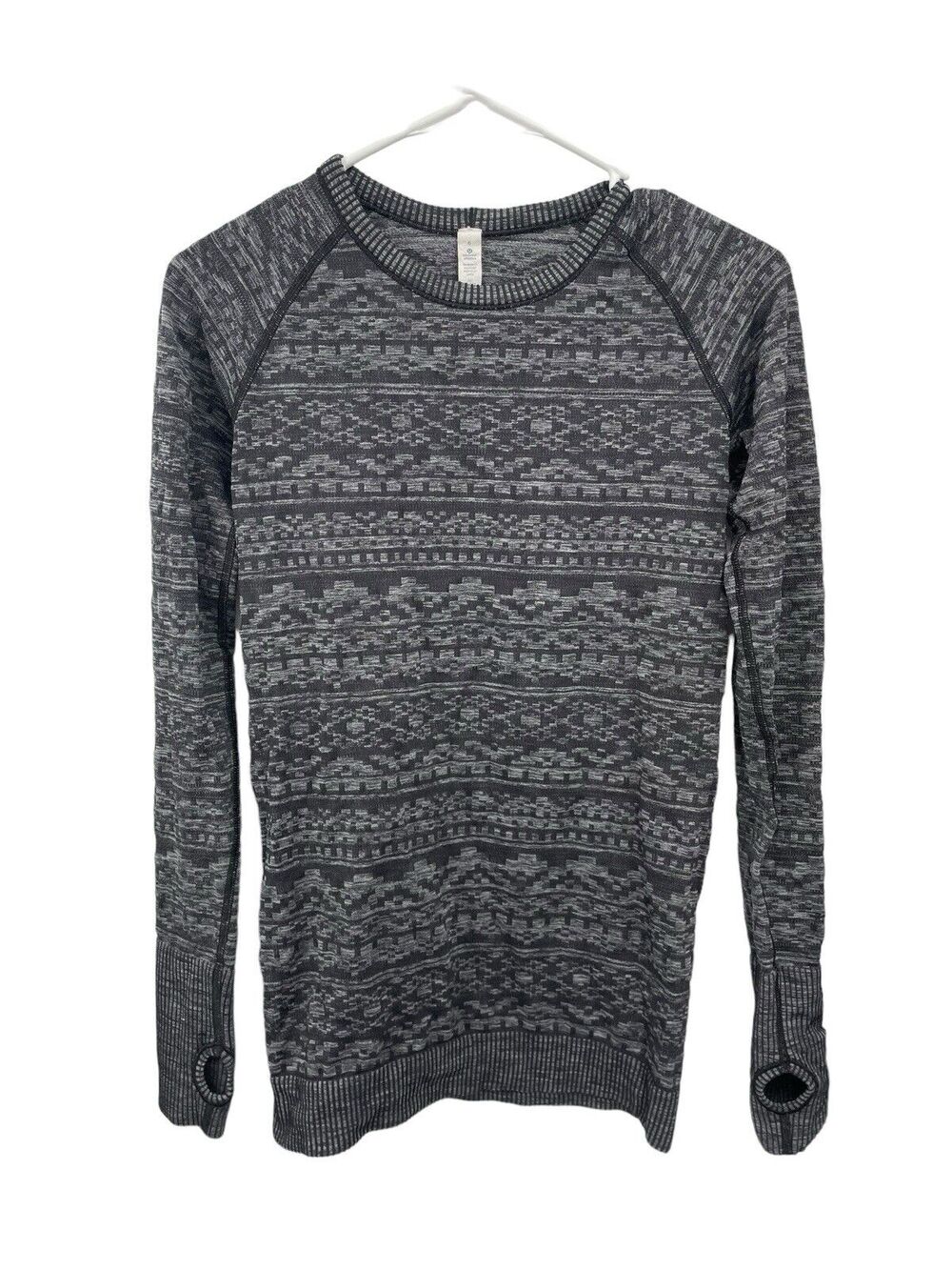 Lululemon Rest Less Pullover Shirt Gray Black Geometric Pattern Size 6
